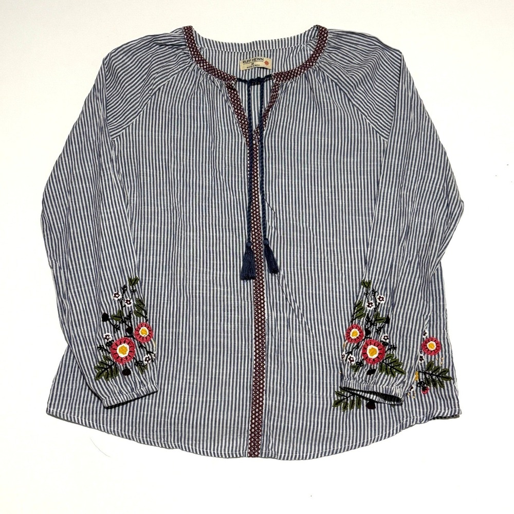 Ruff Hewn Womens‎ Shirt Med Blue Stripe Embroidered Tassel Tunic Boho Casual